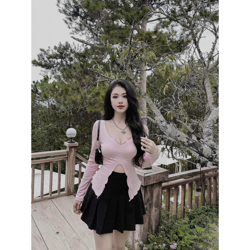 Set Quảng Châu Áo Xẻ Lai Tay Dài Ôm Body, Chân Váy xoè Ngắn MaB