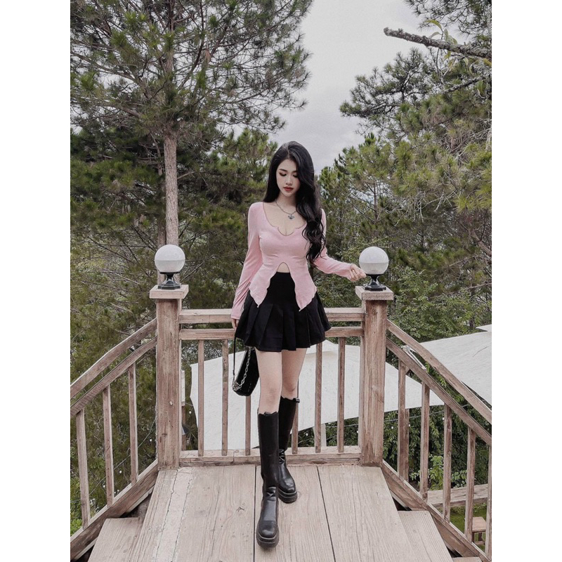 Set Quảng Châu Áo Xẻ Lai Tay Dài Ôm Body, Chân Váy xoè Ngắn MaB