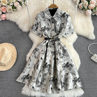 #3694 [Order] Đầm sơ mi tay ngắn dáng chữ A có lót trong kèm thắt lưng