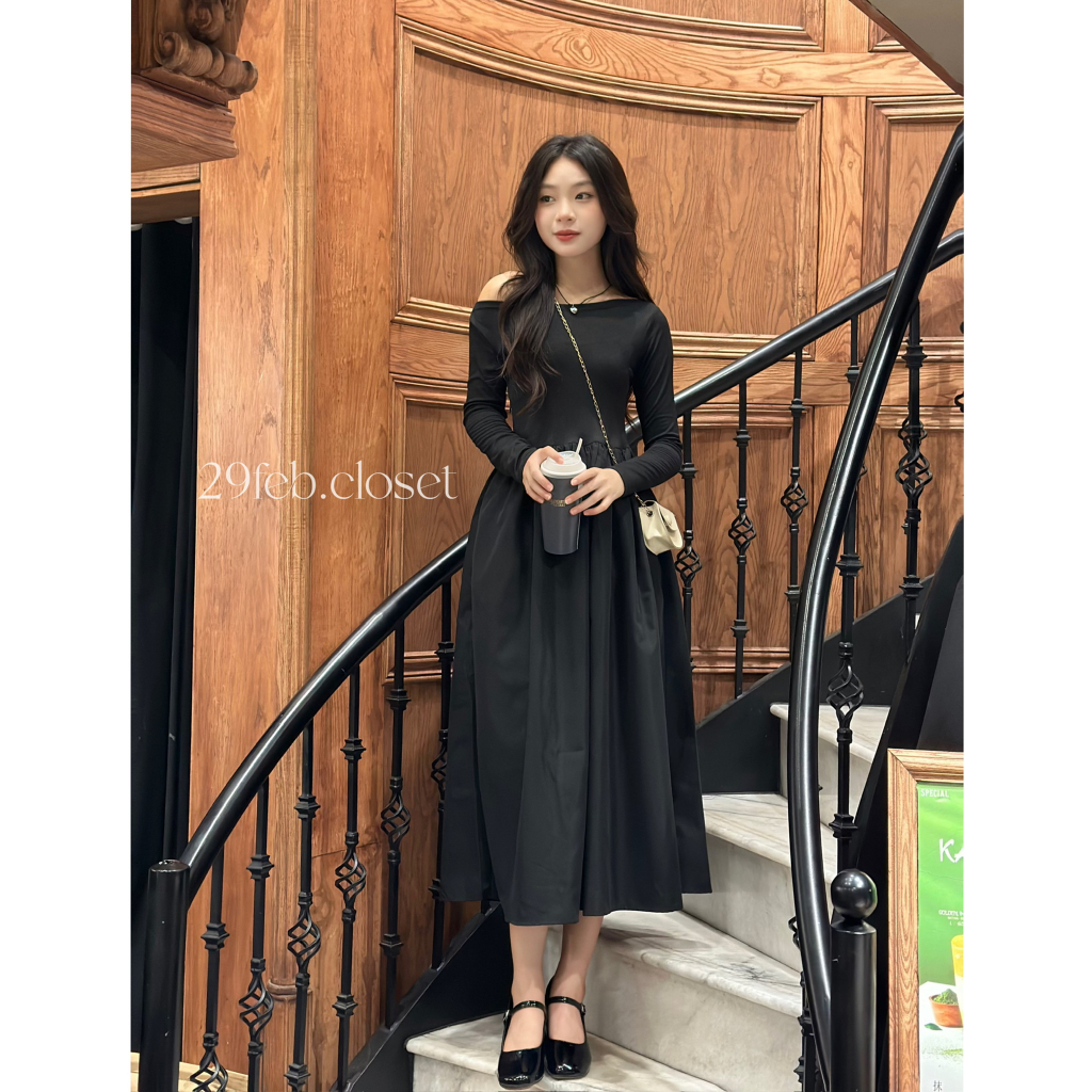 29feb.closet Váy xinh trễ vai dài tay nữ chất thun tăm phối thô mềm xòe dài nhẹ nhàng - V141