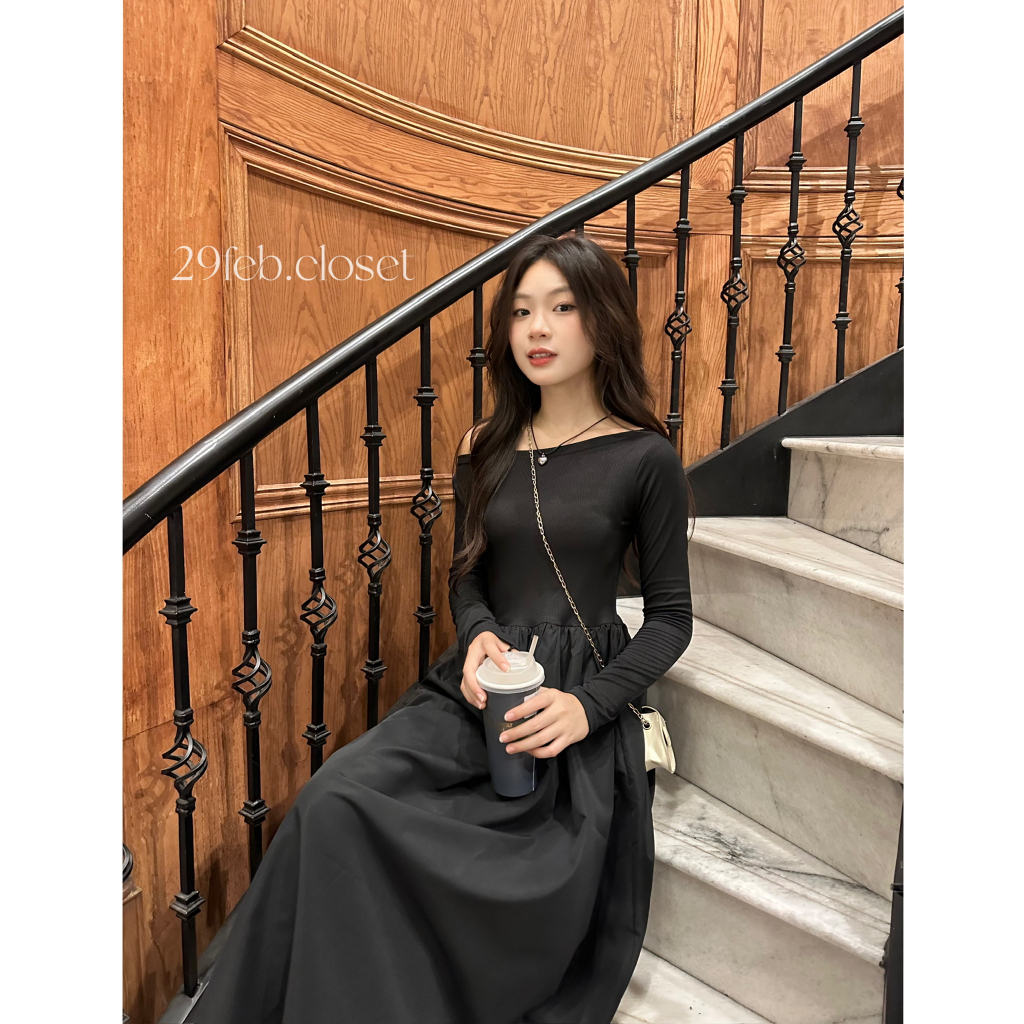 29feb.closet Váy xinh trễ vai dài tay nữ chất thun tăm phối thô mềm xòe dài nhẹ nhàng - V141