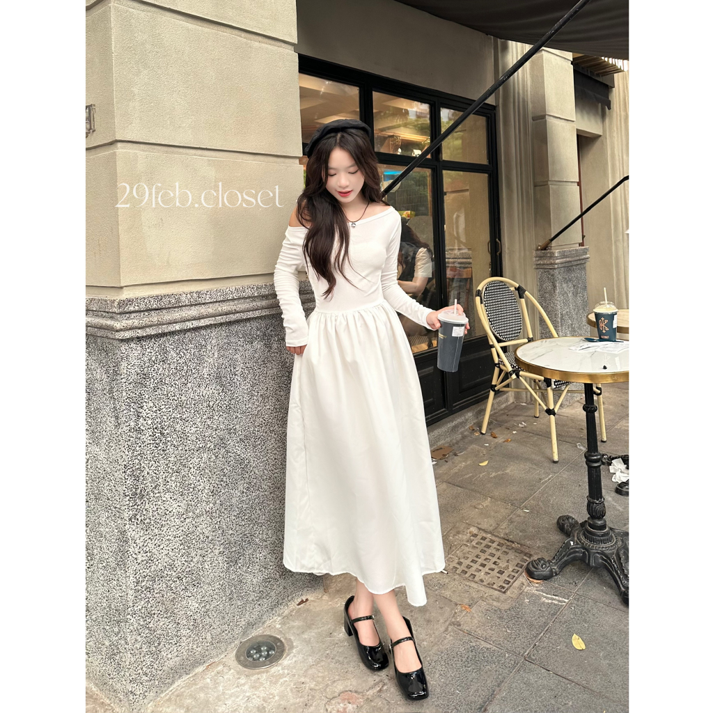 29feb.closet Váy xinh trễ vai dài tay nữ chất thun tăm phối thô mềm xòe dài nhẹ nhàng - V141