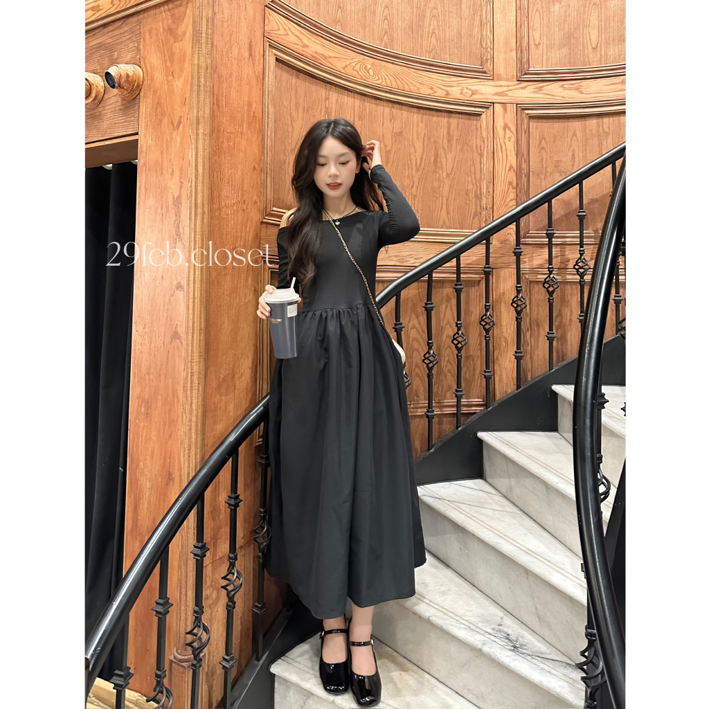 29feb.closet Váy xinh trễ vai dài tay nữ chất thun tăm phối thô mềm xòe dài nhẹ nhàng - V141