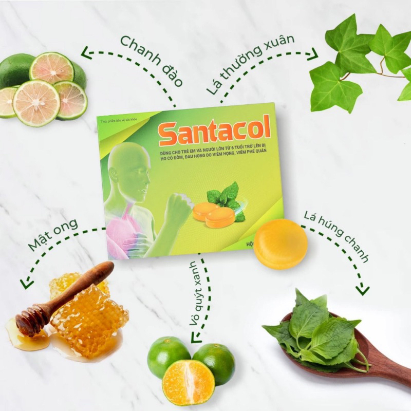✅Viên Ngậm Hỗ Trợ Giảm Ho Giảm Đau Họng Do Viêm Họng & Viêm Phế Quản Santacol Hộp 24 Viên