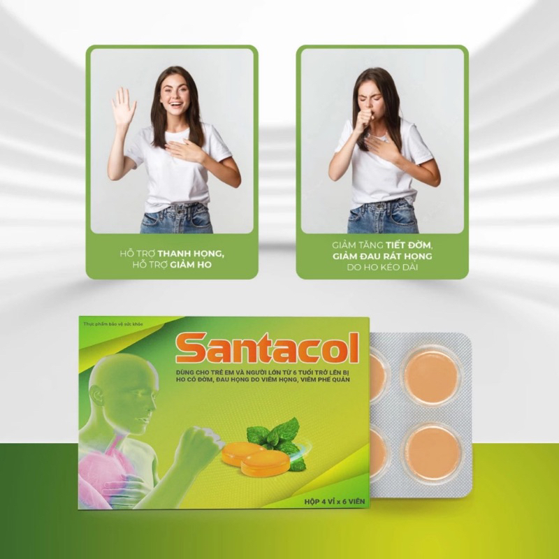 ✅Viên Ngậm Hỗ Trợ Giảm Ho Giảm Đau Họng Do Viêm Họng & Viêm Phế Quản Santacol Hộp 24 Viên