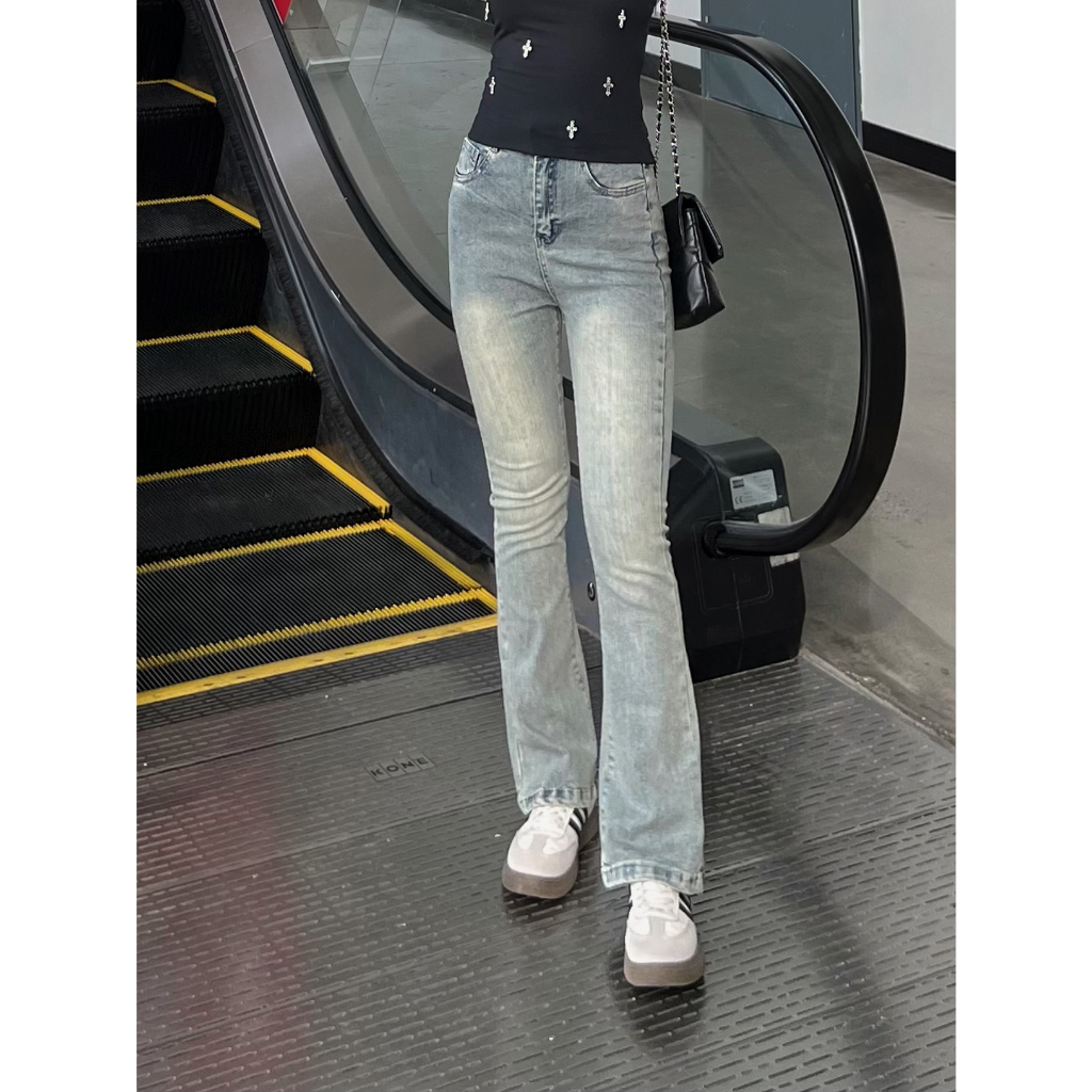 Quần jeans ống loe hàng Quảng Châu loại 1 quần jean loe màu xám khói tôn dáng,tôn eo cạp cao trên rốn phong cách