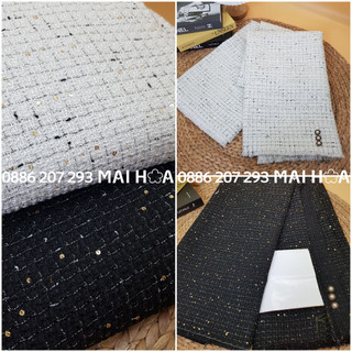 Vải dạ tweed đen trắng vải dạ bố kẻ sọc vải may áo váy mặc thu đông, phối hạt nhũ vàng, loại dày ấm áp, Maihoaflower
