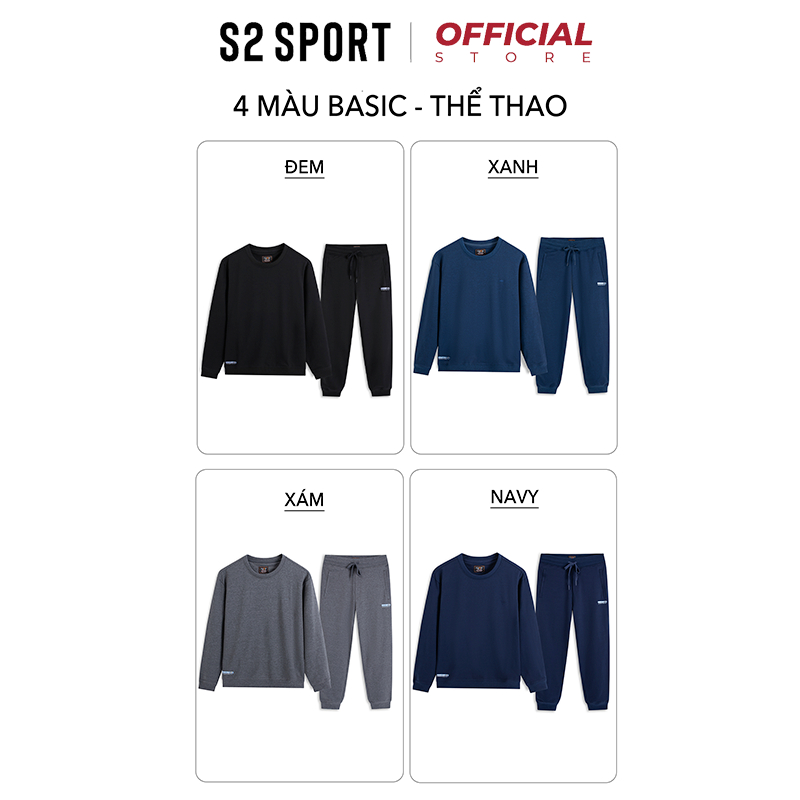 Đồ bộ nỉ nam A S2 SPORT SBNF01 áo sweater cotton USA cổ tròn dài tay in chữ mặc nhà quần jogger cạp chun thể thao