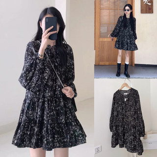 Đầm babydoll hoa đen nhí cỏ cổ buộc nơ nhún bèo form suông rộng siêu xinh Hàn Quốc
