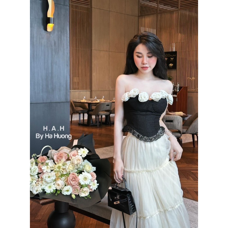 Set áo quây quấn hoa tỉ mỉ mix chân váy tơ dài hàng chuẩn l1 - SIZE SM