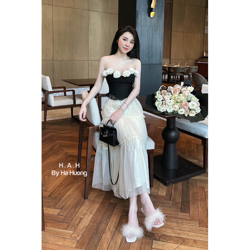 Set áo quây quấn hoa tỉ mỉ mix chân váy tơ dài hàng chuẩn l1 - SIZE SM