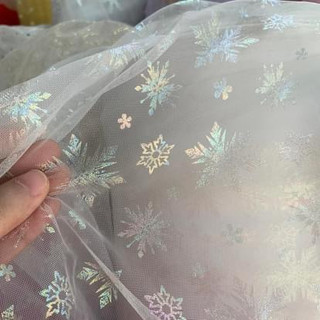 Vải voan lưới elsa anh/ hồng/ đỏ in hình bông tuyết lấp lánh khổ 1m6