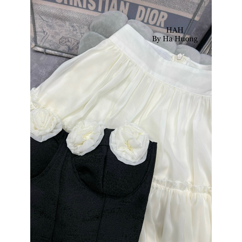 Set áo quây quấn hoa tỉ mỉ mix chân váy tơ dài hàng chuẩn l1 - SIZE SM