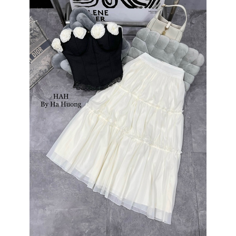 Set áo quây quấn hoa tỉ mỉ mix chân váy tơ dài hàng chuẩn l1 - SIZE SM