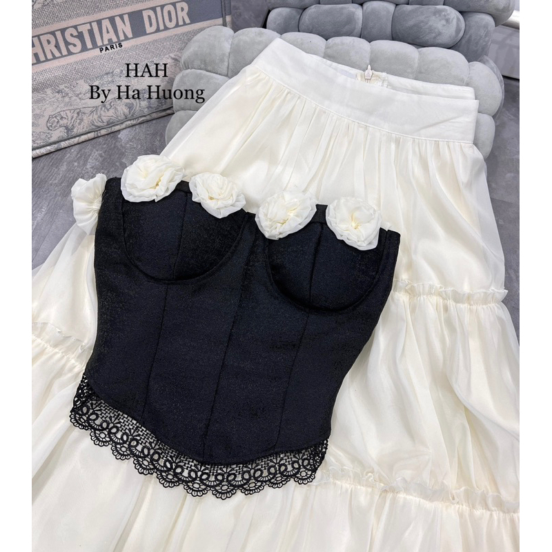 Set áo quây quấn hoa tỉ mỉ mix chân váy tơ dài hàng chuẩn l1 - SIZE SM