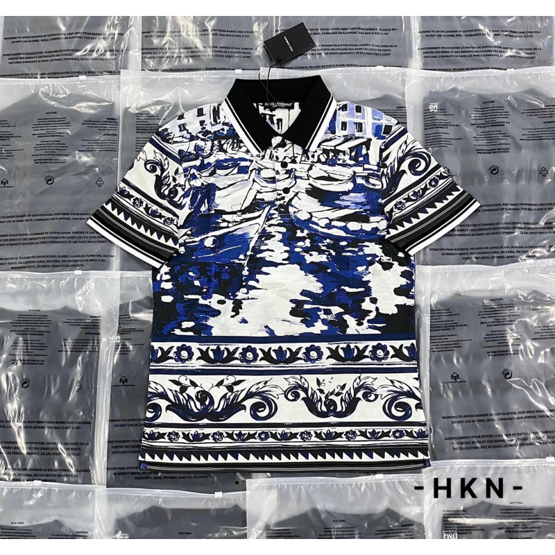 Áo polo DG sóng thuyền xanh hoạ tiết cổ điển lịch lãm,áo phông DG in hình thuyền sóng xanh cơ bản