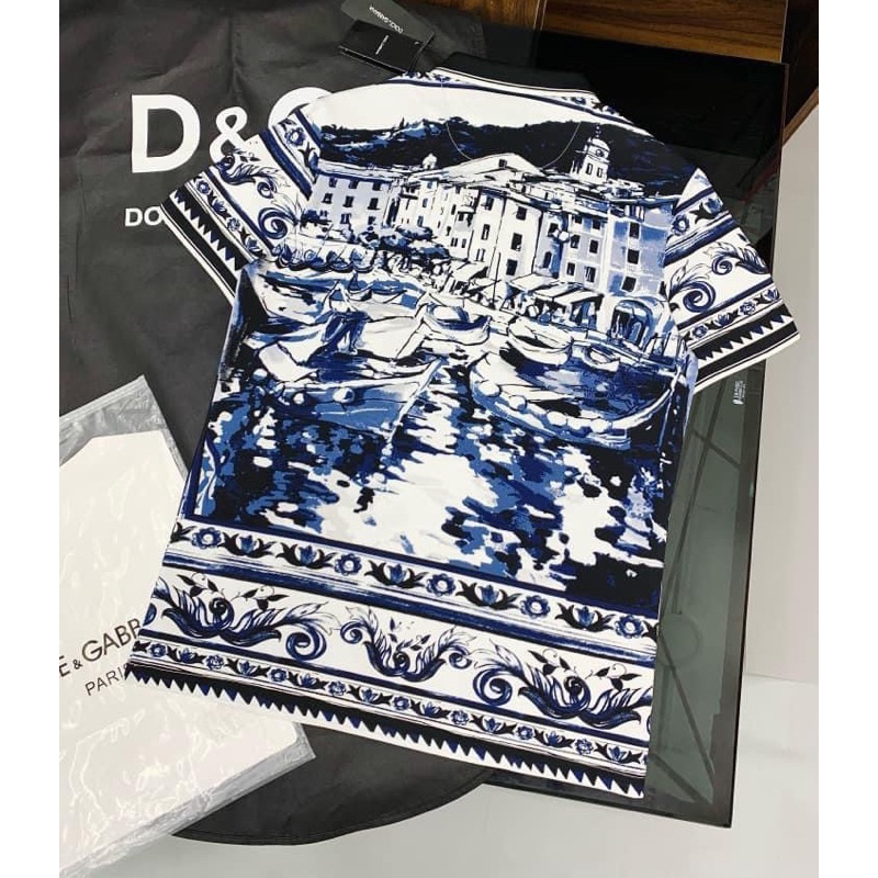 Áo polo DG sóng thuyền xanh hoạ tiết cổ điển lịch lãm,áo phông DG in hình thuyền sóng xanh cơ bản