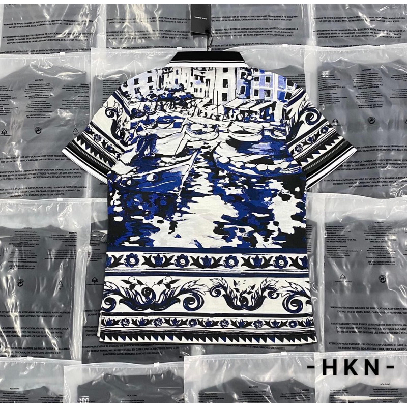 Áo polo DG sóng thuyền xanh hoạ tiết cổ điển lịch lãm,áo phông DG in hình thuyền sóng xanh cơ bản