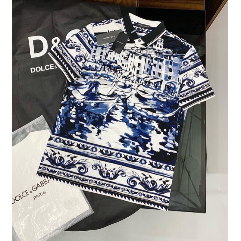 Áo polo DG sóng thuyền xanh hoạ tiết cổ điển lịch lãm,áo phông DG in hình thuyền sóng xanh cơ bản