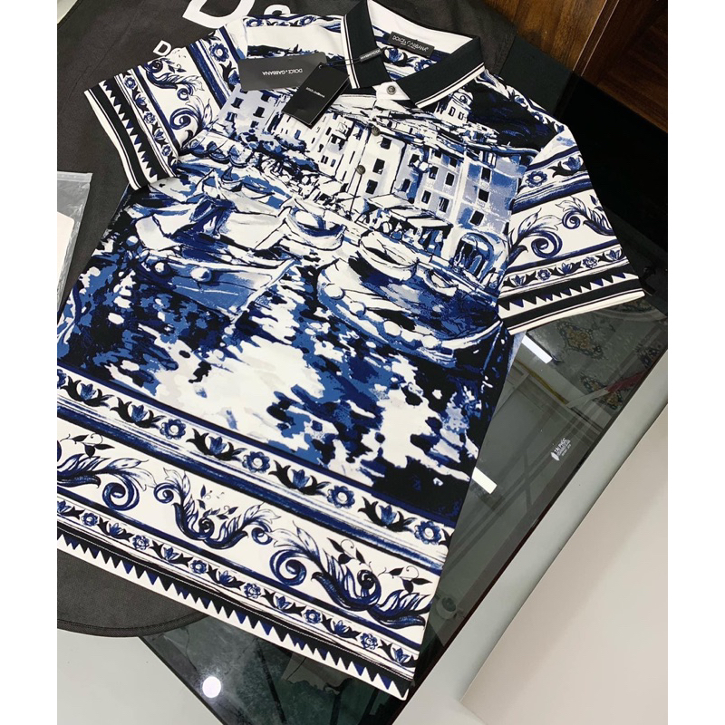 Áo polo DG sóng thuyền xanh hoạ tiết cổ điển lịch lãm,áo phông DG in hình thuyền sóng xanh cơ bản