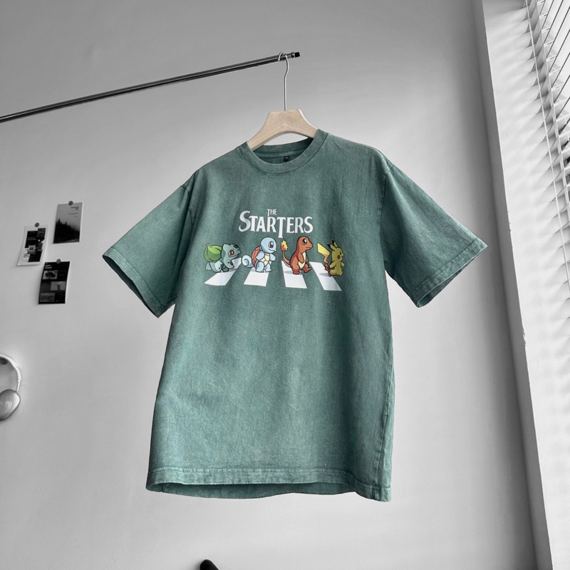 Áo thun wash unisex,thiết kế tay lỡ in hình Poke màu rêu