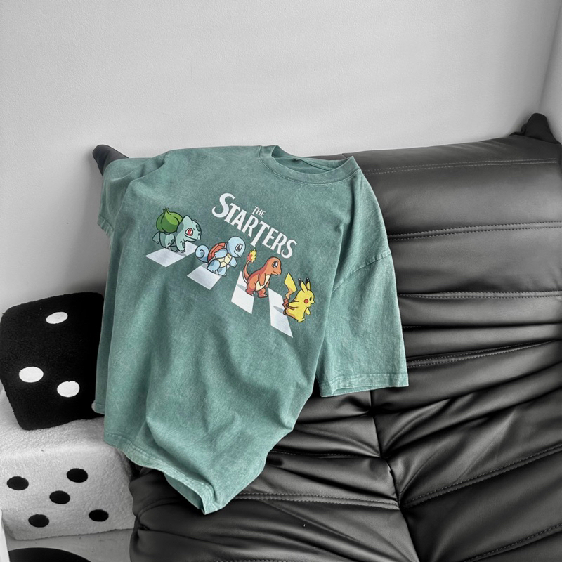 Áo thun wash unisex,thiết kế tay lỡ in hình Poke màu rêu