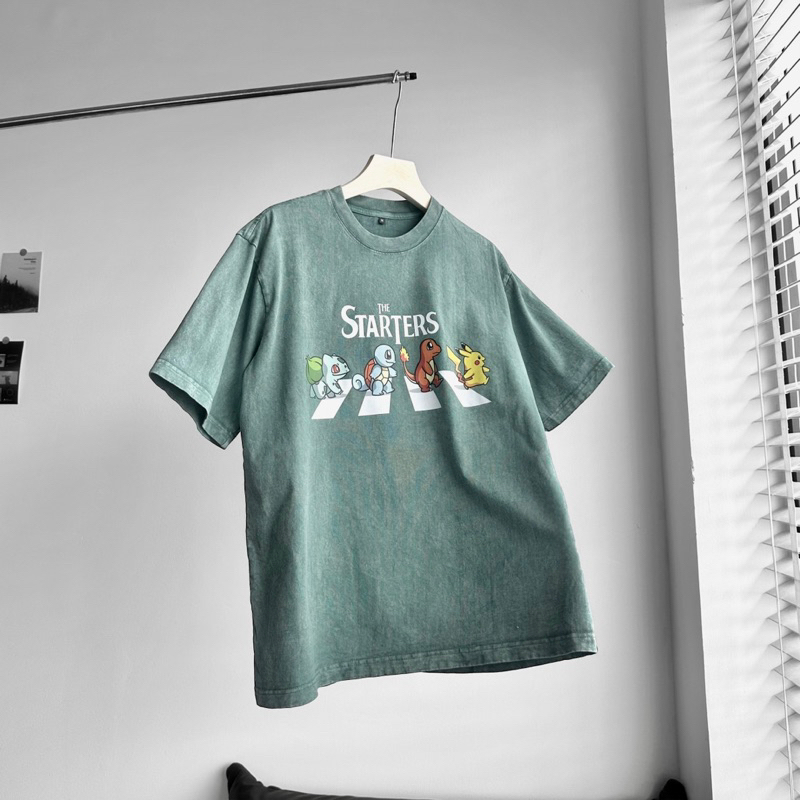 Áo thun wash unisex,thiết kế tay lỡ in hình Poke màu rêu