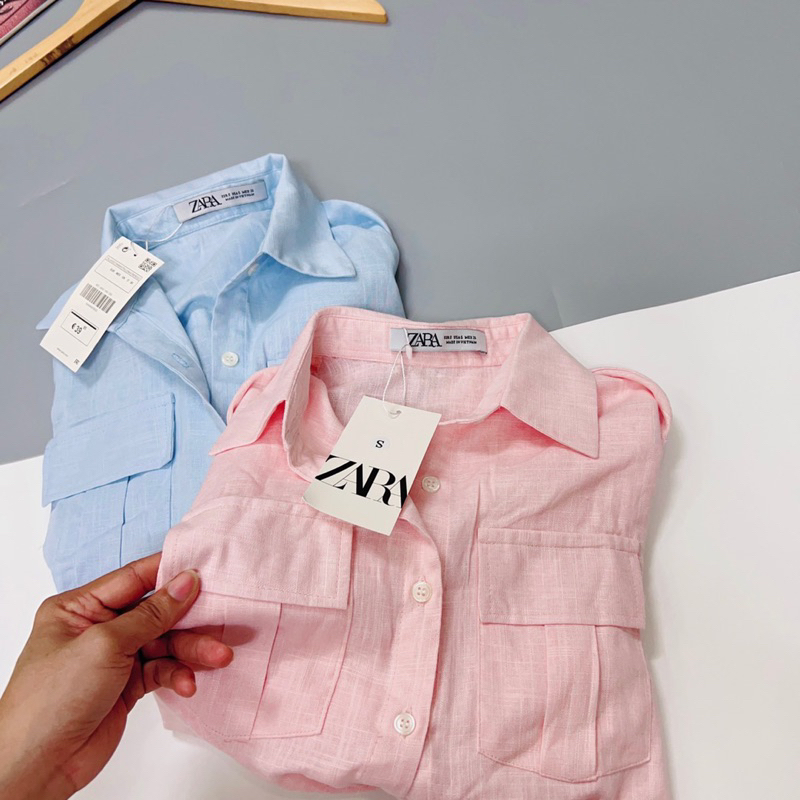 Sơ mi buộc eo 2 túi trước xinh chất linen mềm mát