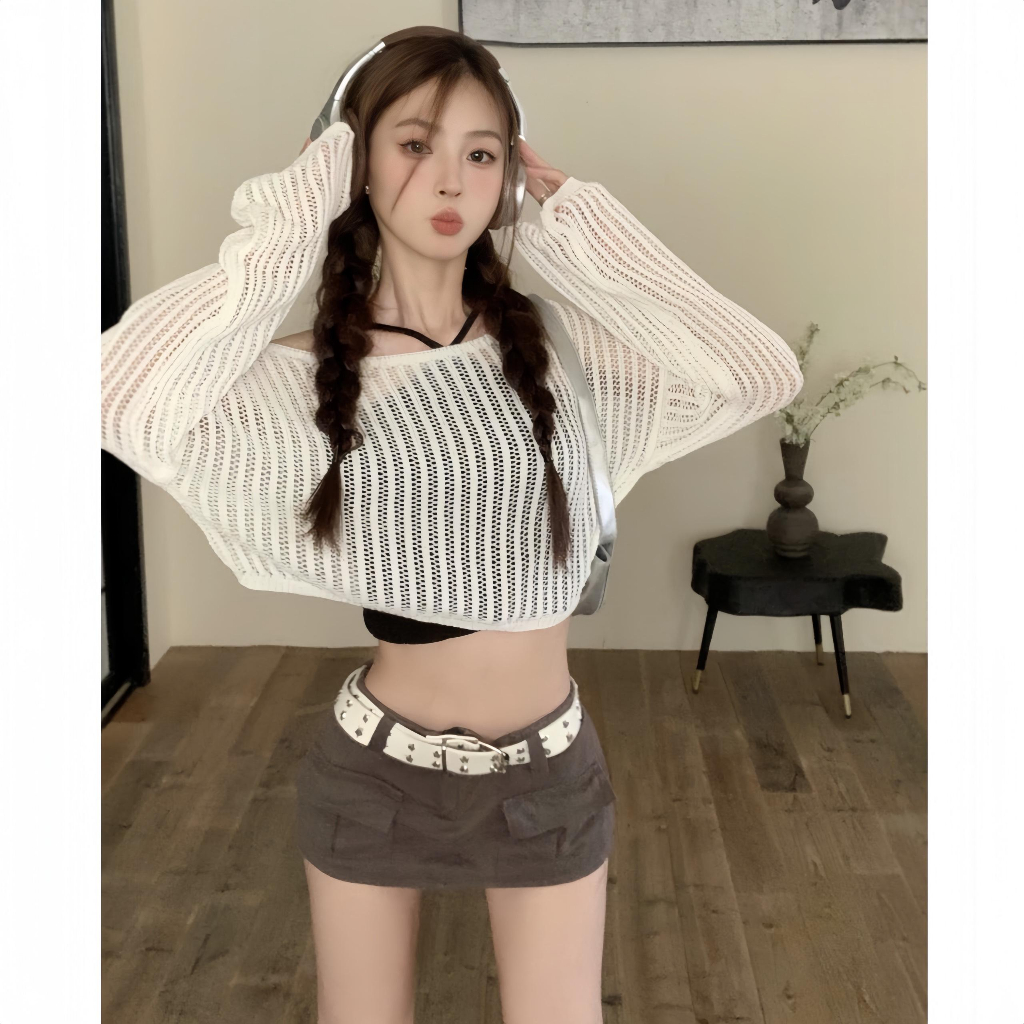 (KO KÈM ÁO QUÂY) Áo len dệt kim lưới dài tay cổ tròn phong cách Hàn Quốc KOZODA AL42