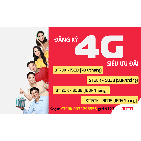 Sim 4G Viettel gói V90B/ V120B/ V150B/ V200B Có 30Gb/ 45Gb/ 60Gb/ 90Gb/Tháng, Gọi Viettel free cuộc 10 phút và Gọi ngoài