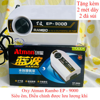 Máy sủi Oxy 2 Vòi siêu êm, điều chỉnh được dòng  ATMAN RAMBO EP 9000 CS5.6W cho cá cảnh, thủy sinh, kèm dây và đá sủi