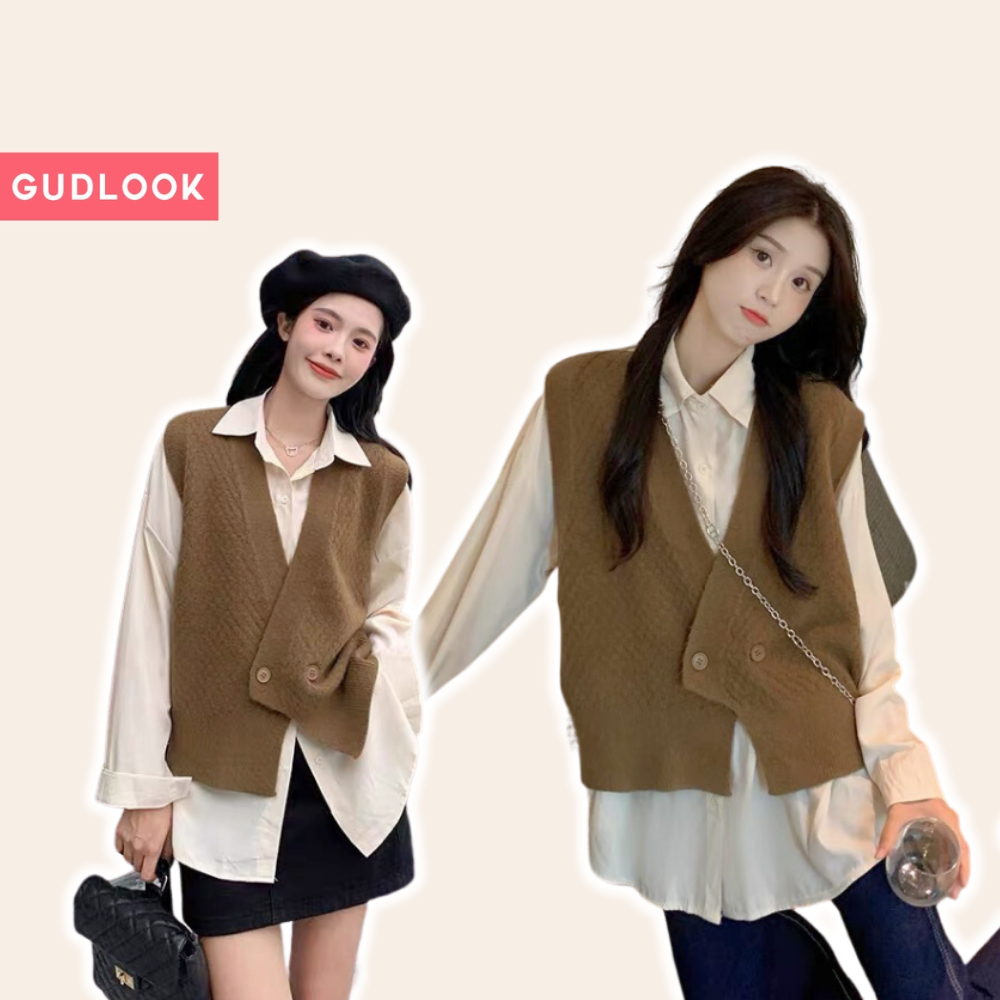 Áo Len Gile Nữ Trơn GUDLOOK 2 Cúc Cài Vạt Chéo Phong Cách Hàn Quốc 5 Màu