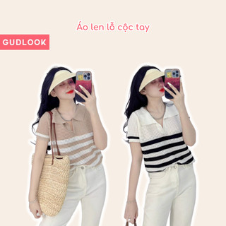 Áo Len Cộc Tay Len Lỗ GUDLOOK Hoạ Tiết Kẻ Chất Mềm Thoáng Khí