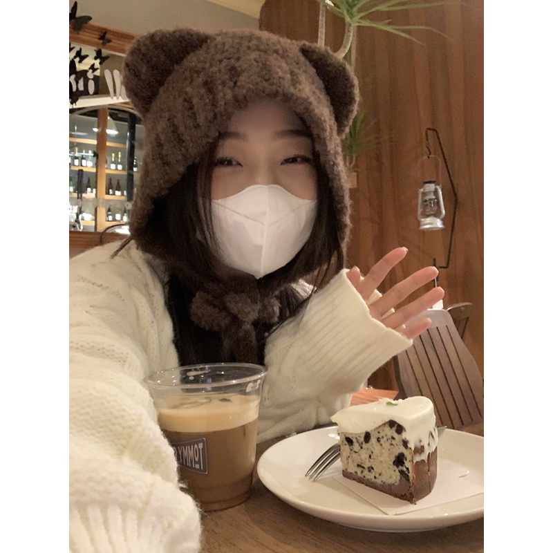 Mũ Len Dệt Kim Đính Tai Gấu Nhỏ Dễ Thương Thời Trang Thu Đông Cho Nữ