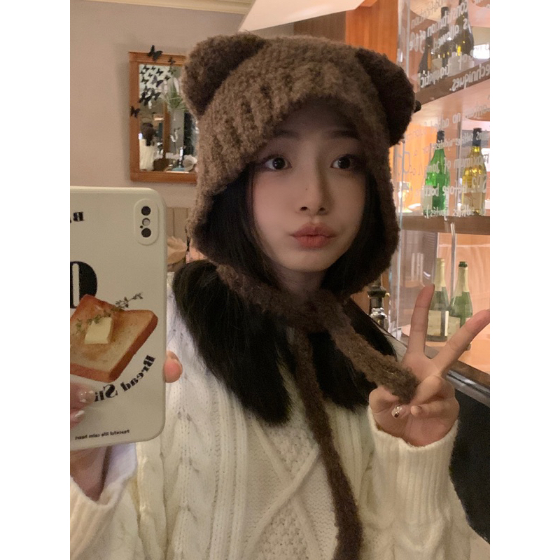 Mũ Len Dệt Kim Đính Tai Gấu Nhỏ Dễ Thương Thời Trang Thu Đông Cho Nữ