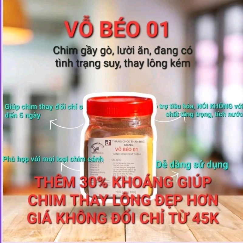 VỖ BÉO 01-CHO CHIM GẦY, SUY, KÉM ĂN, ĐANG THAY LÔNG