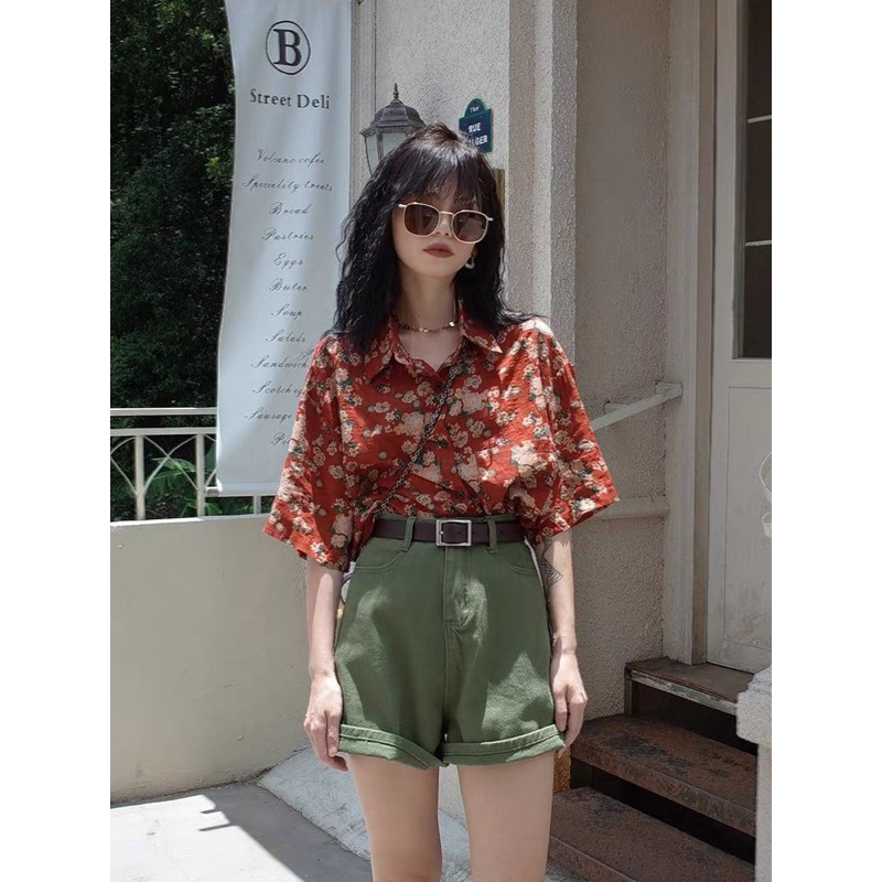 Áo sơ mi nữ màu cam cháy hoạ tiết vintage Hongkong