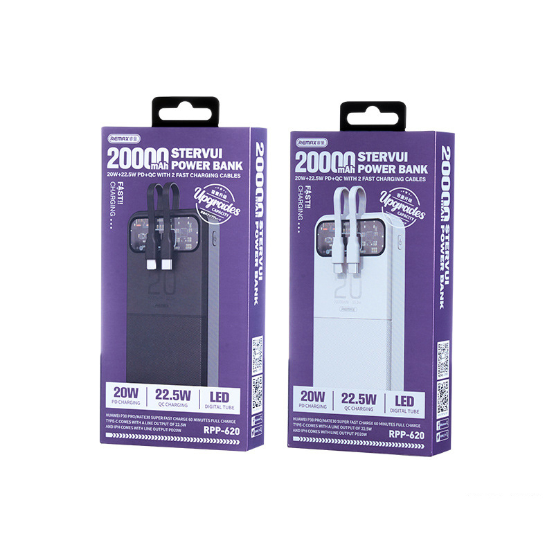 Pin dự phòng sạc nhanh Remax RPP-620 STERVUI 20000mAh tích hợp 2 cáp - hỗ trợ QC 22.5W và PD 20W