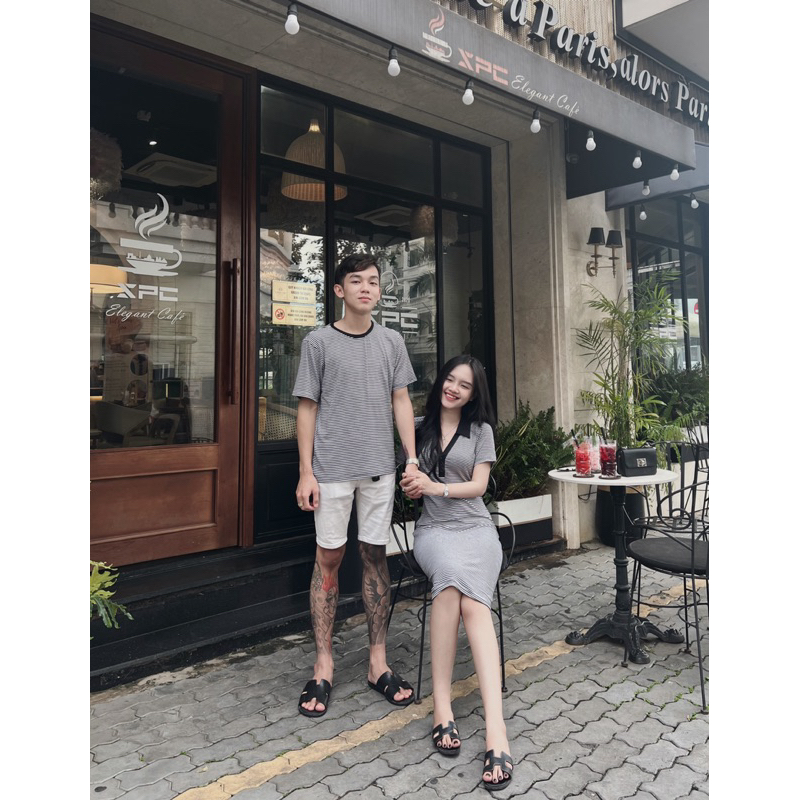 Set đồ đôi áo nam + váy nữ phối sọc