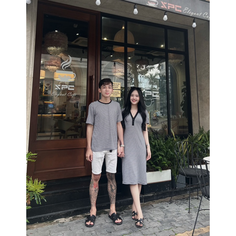 Set đồ đôi áo nam + váy nữ phối sọc