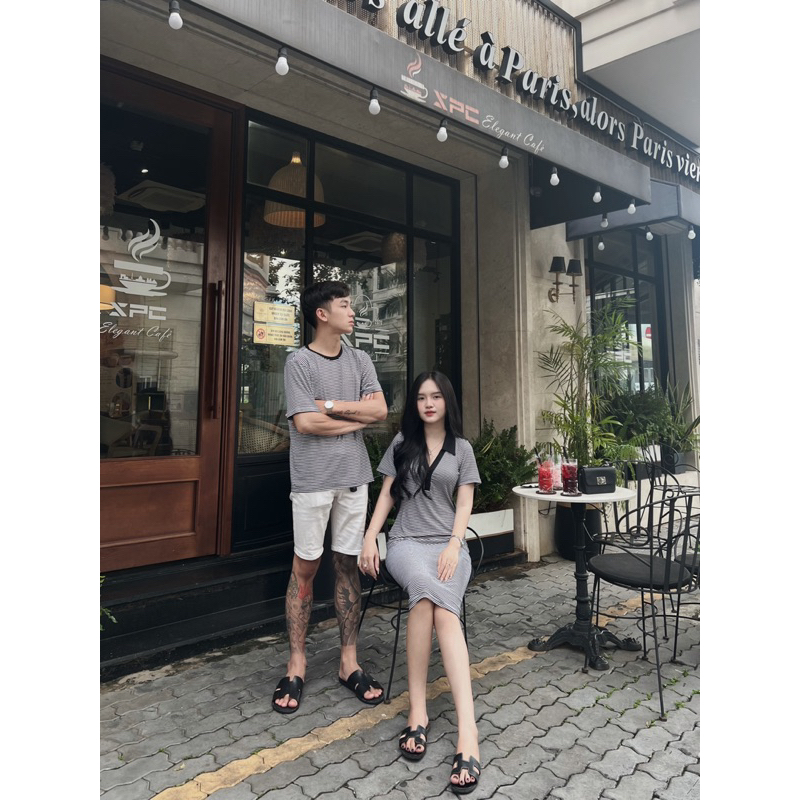 Set đồ đôi áo nam + váy nữ phối sọc