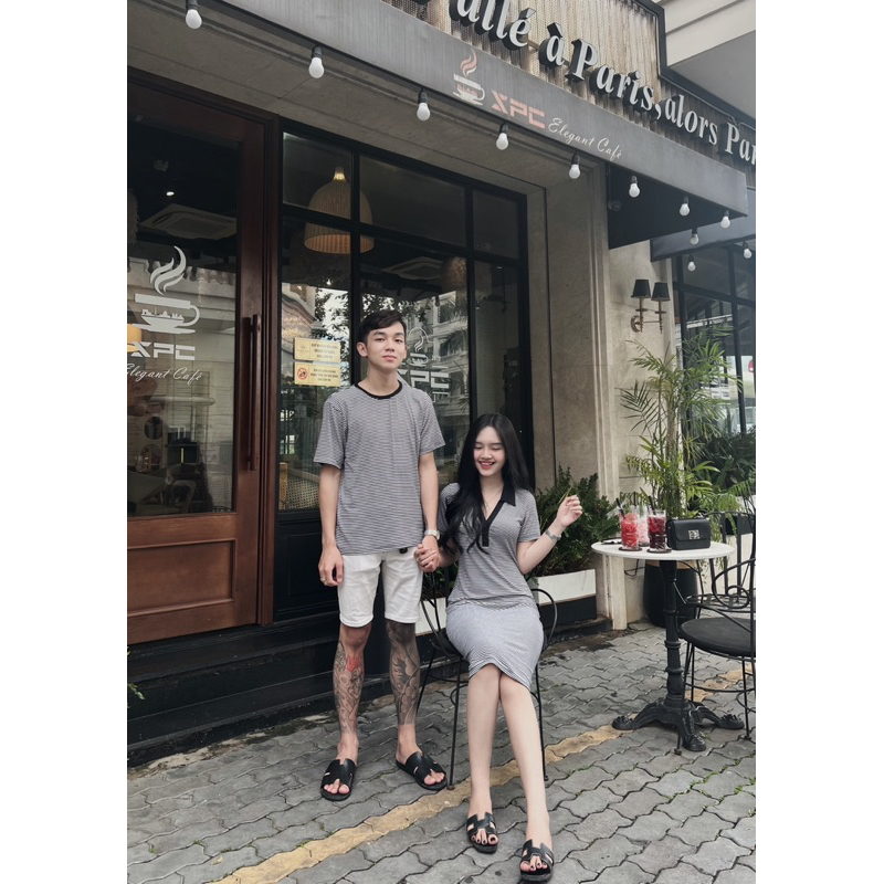 Set đồ đôi áo nam + váy nữ phối sọc