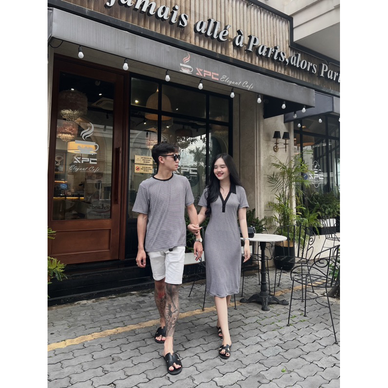 Set đồ đôi áo nam + váy nữ phối sọc