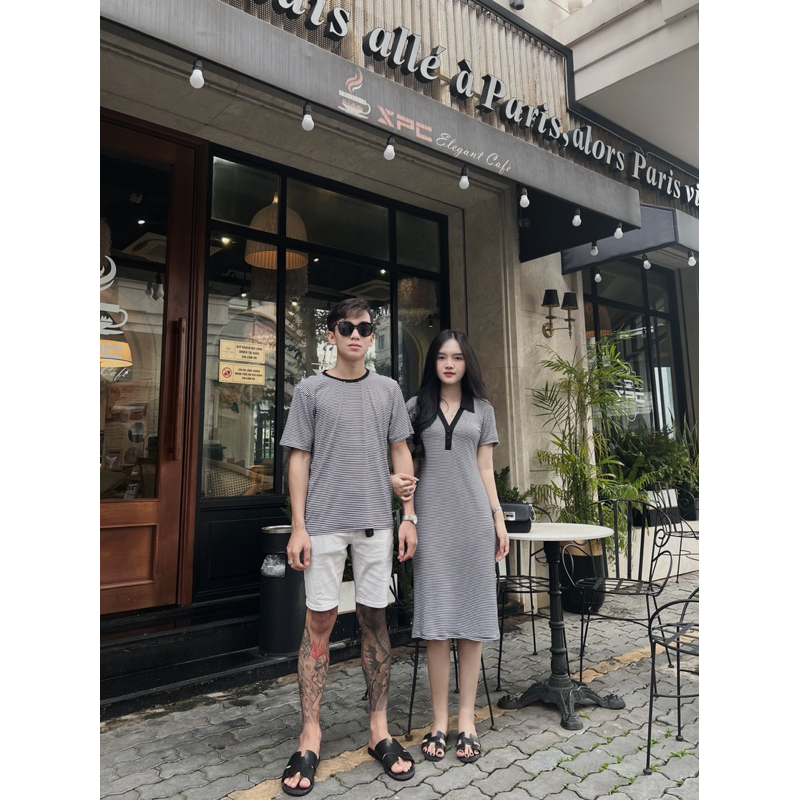 Set đồ đôi áo nam + váy nữ phối sọc