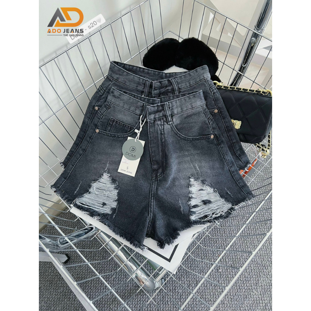 Quần jean đùi nữ lưng cao phối rách cá tính ADO JEANS