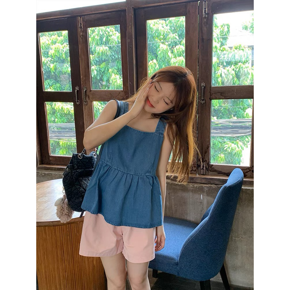 SET ÁO BBD XANH JEAN NƠ SAU LƯNG 2 DÂY BẢN TO + QUẦN SHORT HỒNG LƯNG THUN