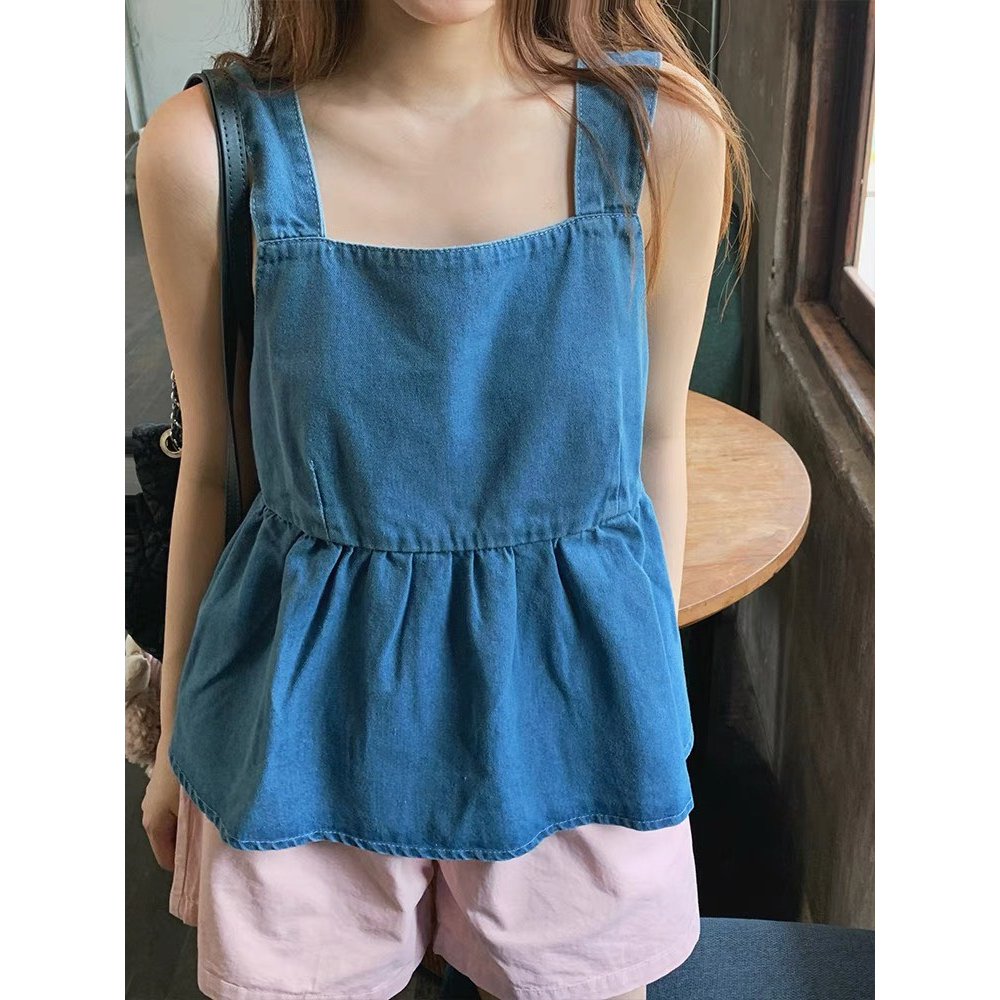 SET ÁO BBD XANH JEAN NƠ SAU LƯNG 2 DÂY BẢN TO + QUẦN SHORT HỒNG LƯNG THUN