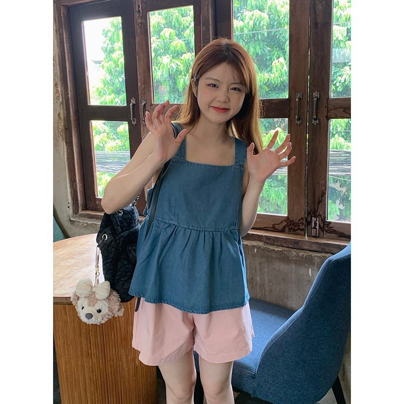 SET ÁO BBD XANH JEAN NƠ SAU LƯNG 2 DÂY BẢN TO + QUẦN SHORT HỒNG LƯNG THUN