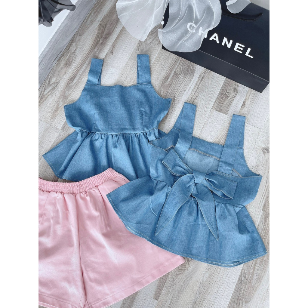 SET ÁO BBD XANH JEAN NƠ SAU LƯNG 2 DÂY BẢN TO + QUẦN SHORT HỒNG LƯNG THUN