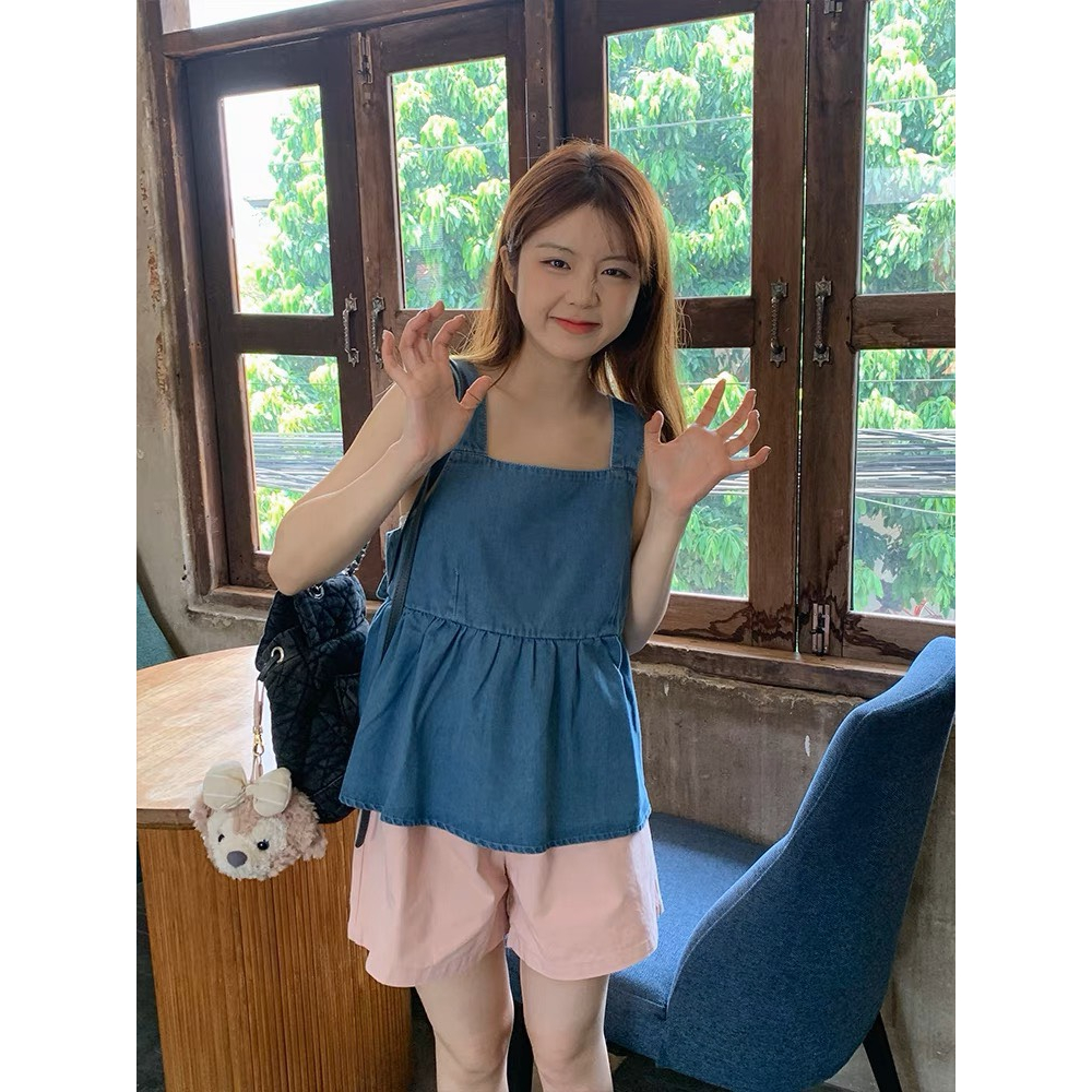 SET ÁO BBD XANH JEAN NƠ SAU LƯNG 2 DÂY BẢN TO + QUẦN SHORT HỒNG LƯNG THUN